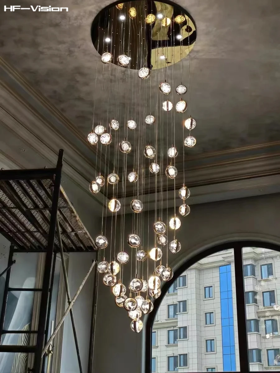 

American Loft Hanging LED Chandelier For Stairscase Hotel Lobby Living Room Modern Luxury Gold Crystal Pendant Lighting Fixtures