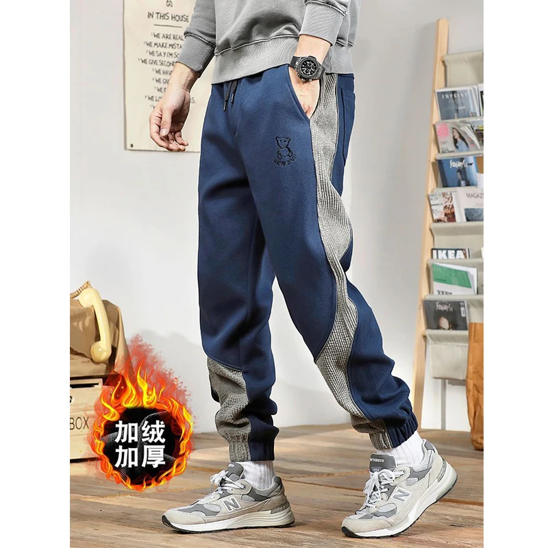 Outono inverno masculino na moda contraste cor retalhos bordado esportes jogger calças retro casual solto velo grosso quente moletom