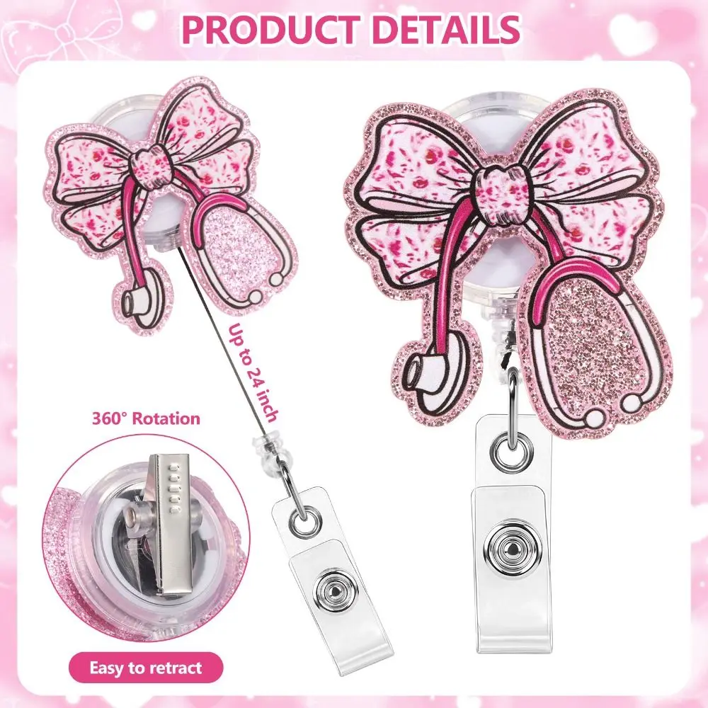 48 Pcs Pink Bow Theme Retractable Badge Reels Gel Pen Included 48pcs Set Nurse Appreciation Gift Set Organza Bag Thank You Cards