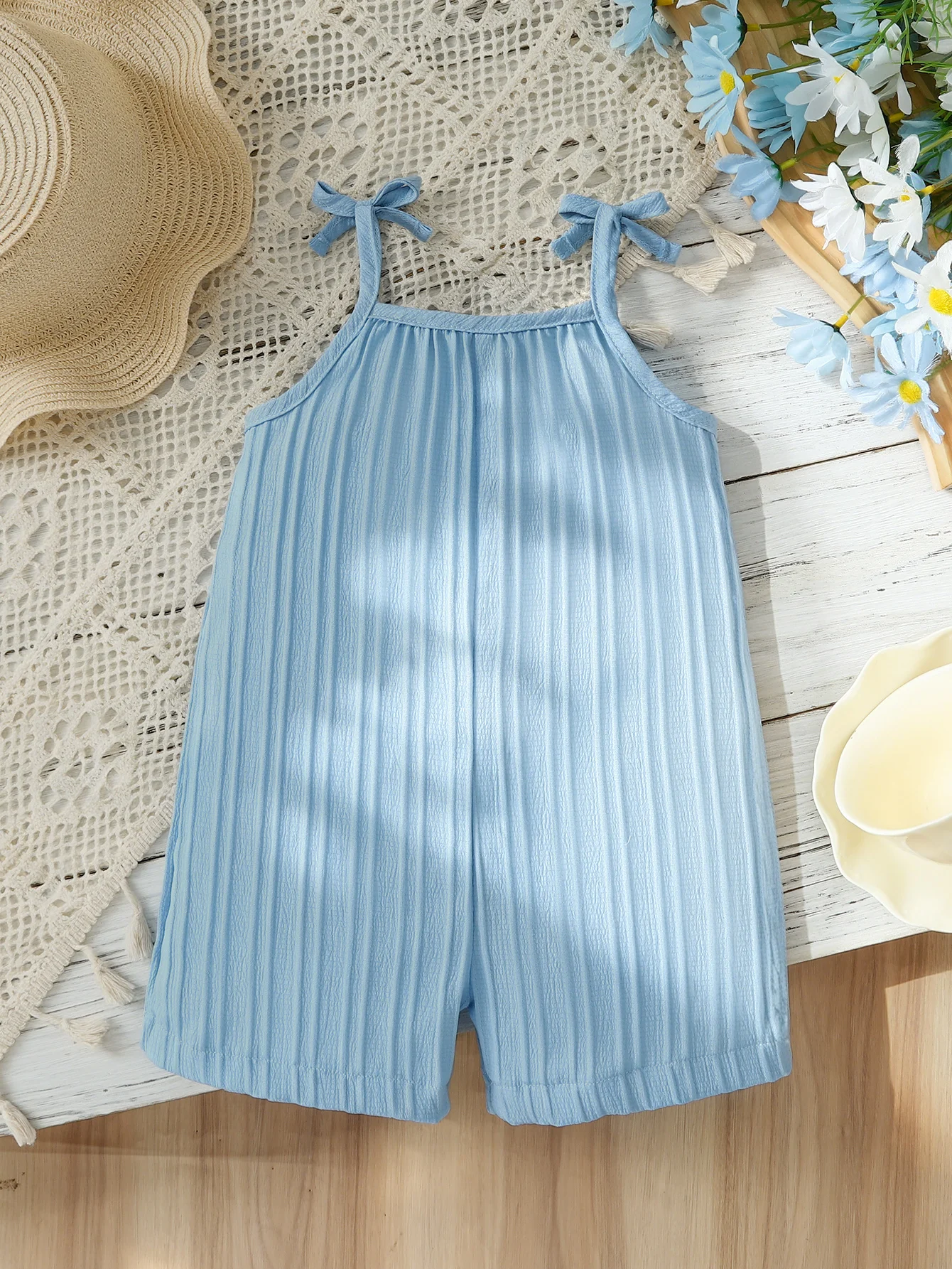 1pc Summer Baby Girls Ribbed Suspender Romper, Bow Tie Straps & 3D Flower Decor, Casual Daily/Outing/Beach Wear, 0-3Y, Breathabl