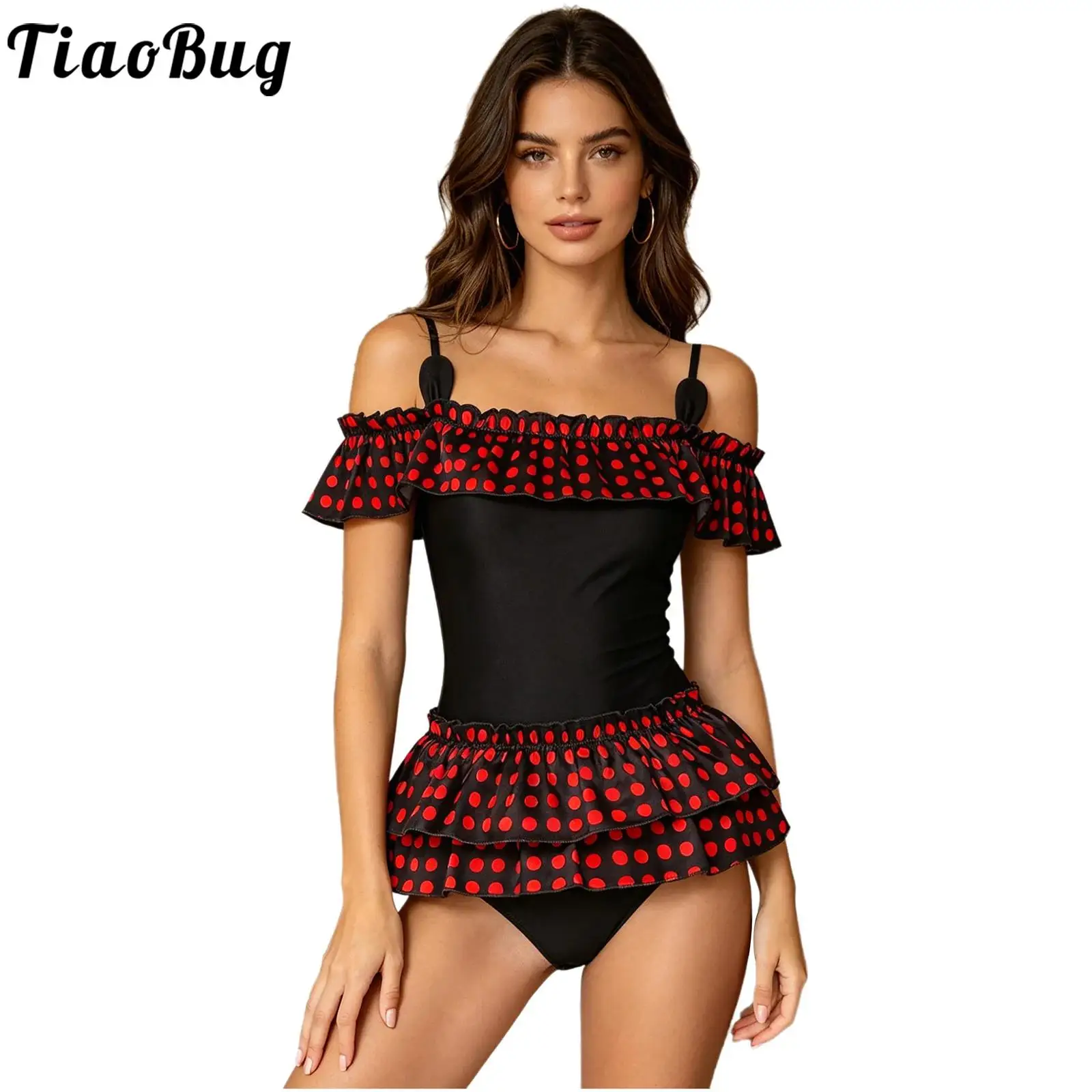 

Women Off The Shoulder One Piece Bodysuit Pool Party Beachwear Polka Dot Print Tiered Ruffled Buttoned Crotch Leotards Jumpsuits