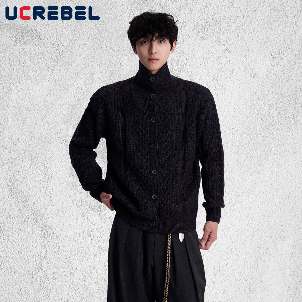 

Solid Color Stand Collar Sweatercoat Mens Autumn Winter Retro Streetwear Loose Long Sleeve Single Breasted Knitted Sweater Man