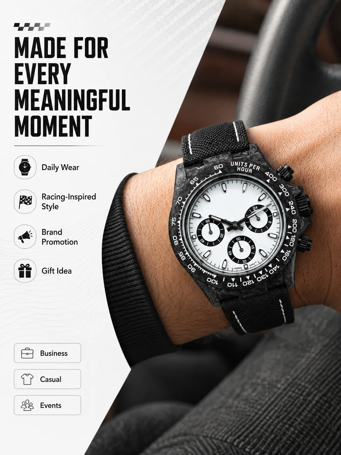 Benutzerdefiniertes Logo Carbonfaser-Chronographenuhr 39mm VK63 Meca Quarz Saphirglas Private Label Rennuhr – Detail 8