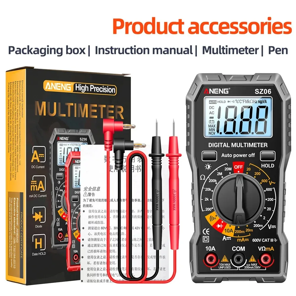Multímetro Digital Tester Tensão e Voltímetro Auto-ranging Ohm Amp Meter Medição ac dc Sz06 Sz308 Trms 2000 Contagens