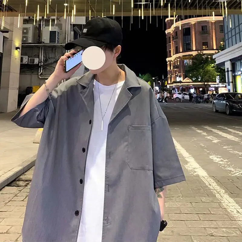 Summer Men\'s Sets Half Sleeve Blazer Suits Solid Short Sleeve Button Shirt + Shorts Korean Handsome Loose 2 Piece Set Outfits