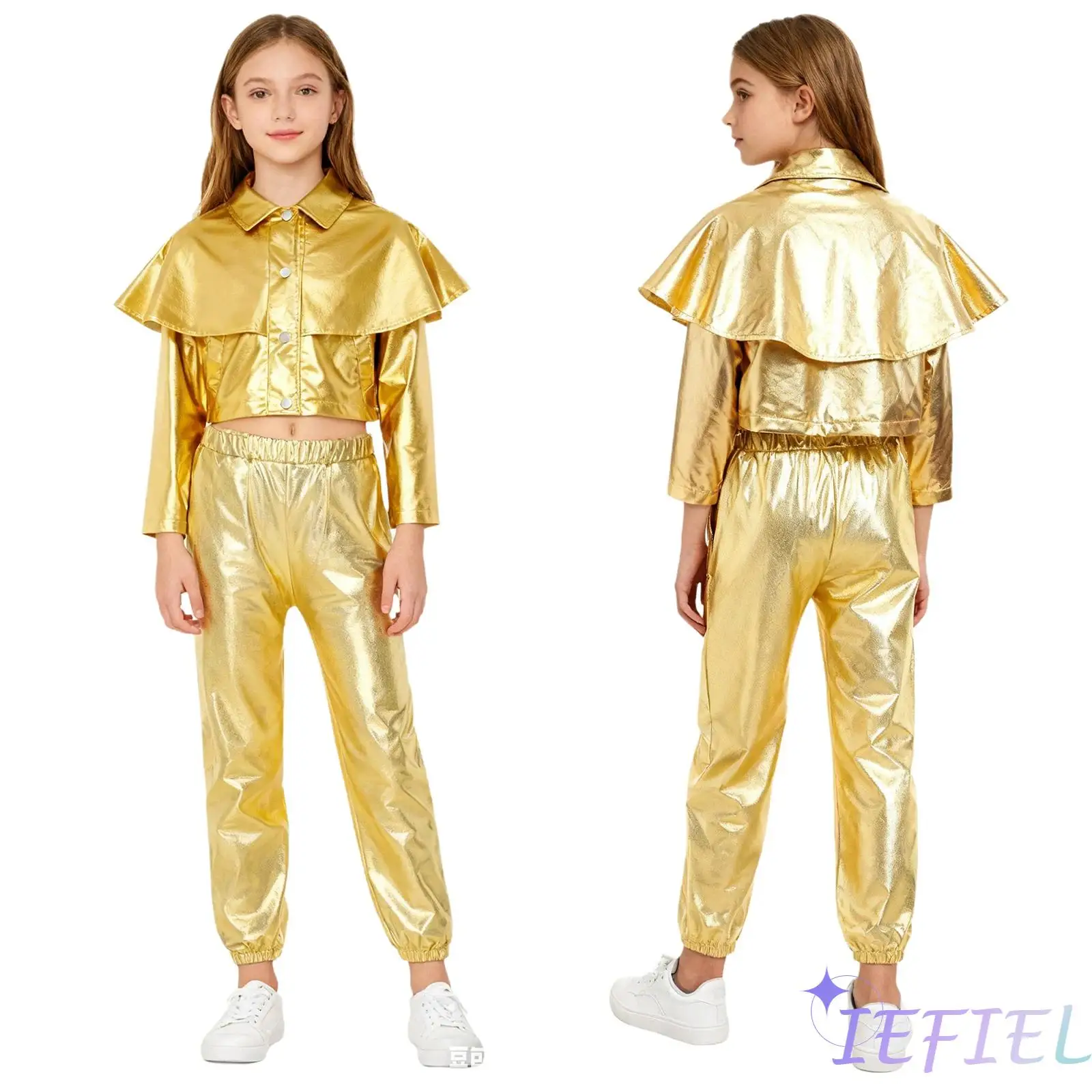 

Kids Girls Dynamic Disco Stage Wear Set with Press Buttons Metallic Jacket And Shiny Pants for Hip Hop Jazz Dance Performances