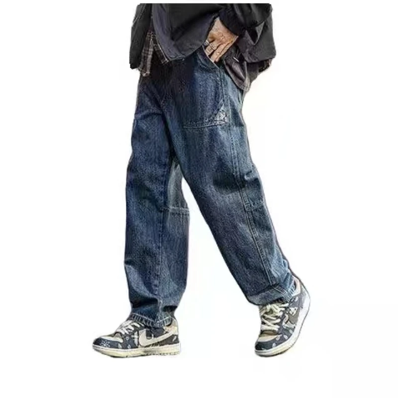 Spring Vintage Jeans Men's Loose Cashew Blossom Stitching Blue Straight Casual Overalls Hip Hop Street Fashion Jeans