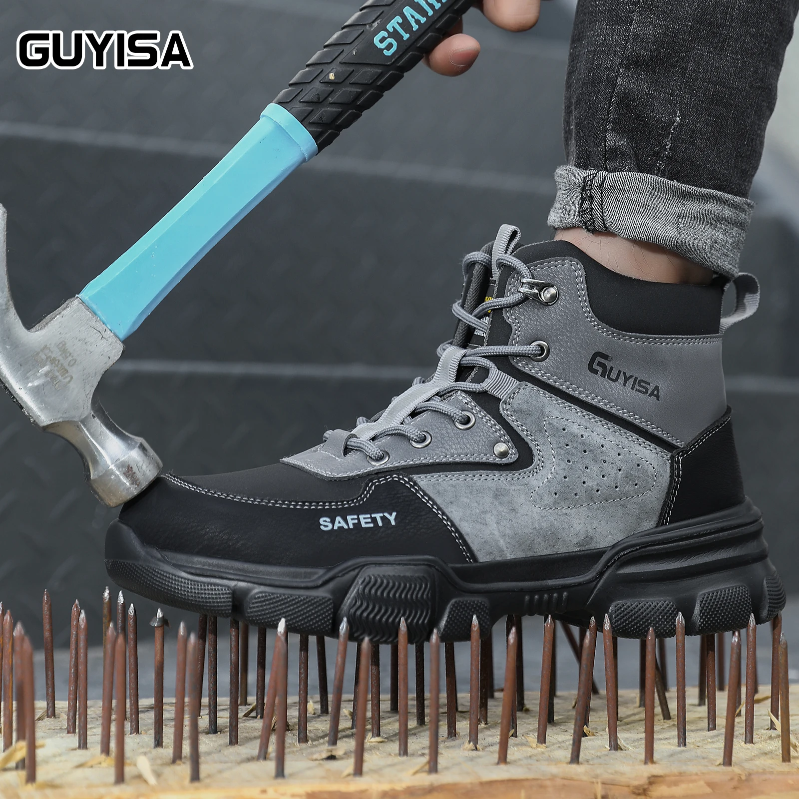 GUYISA Scarpe da lavoro da uomo, punta in acciaio anti smashing e anti piercing, scarpe antinfortunistiche professionali leggere