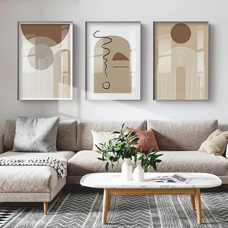 Modern simple decorative painting abstract lines living room background wall triptych hanging pictures Nordic beige murals