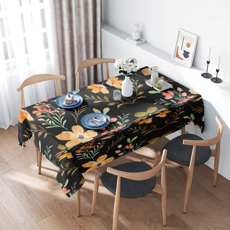 

Black Floral Tablecloth Decorative Rectangular Polyester Placemat for Kitchen Dining Room Decoration - Pink Yellow Green Leaves