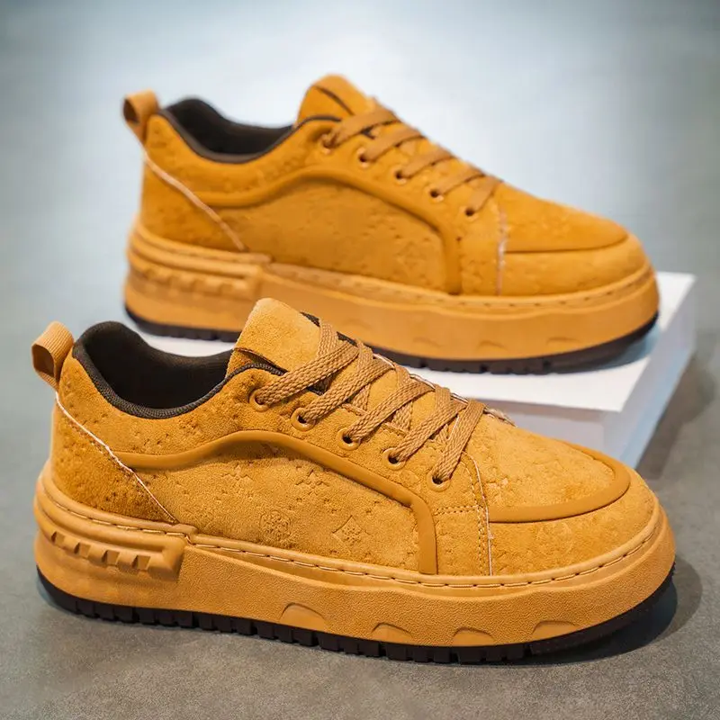 2026 Spring Autumn Men's Work Shoes Leather Casual Platform Hidden Wedge British Retro Sneakers