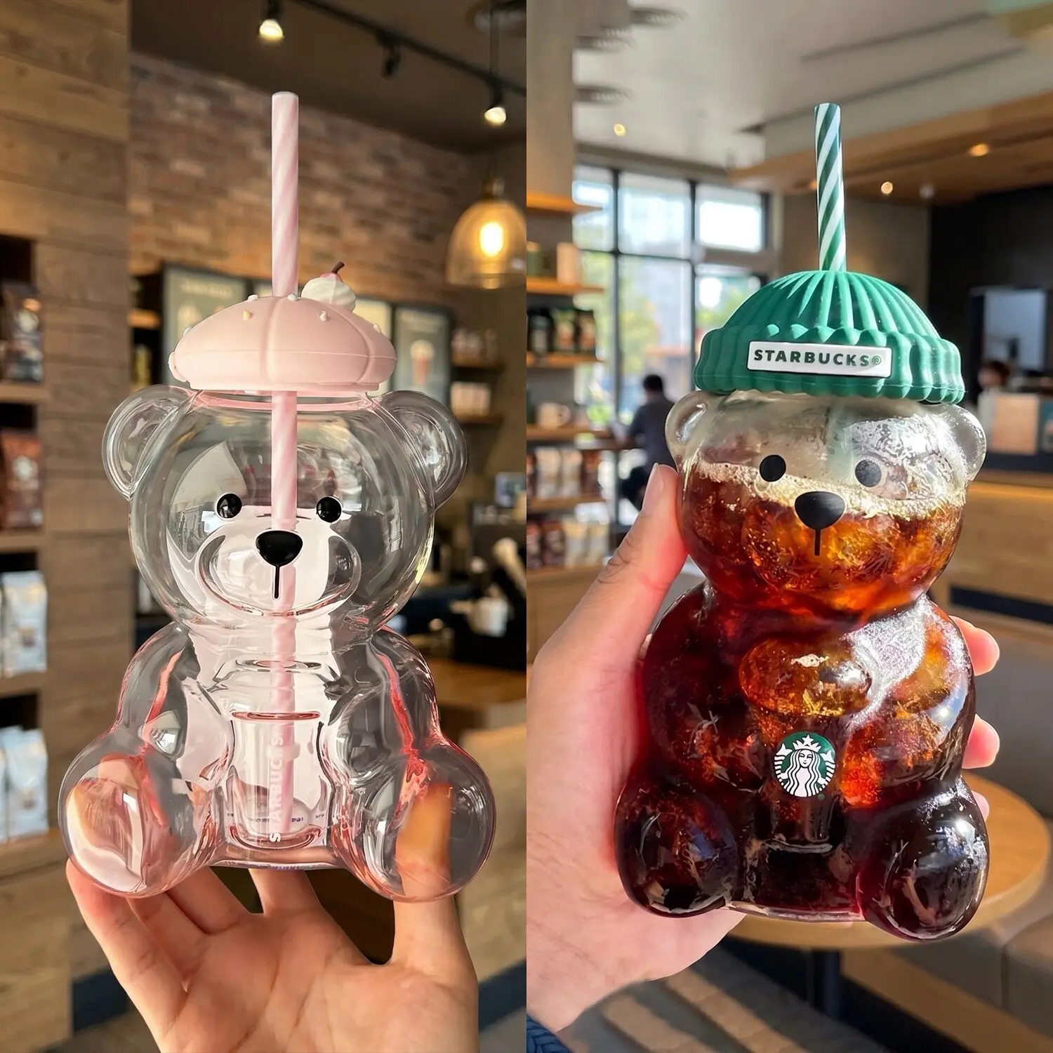 Cute Bear Shaped Glass Straw Cup Creative Transparent Water Bottle Portable Drinking Mug Gift For Adults
