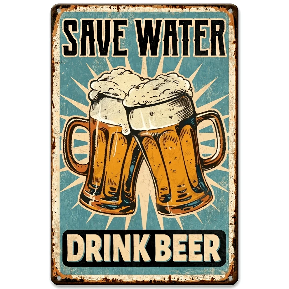 Panneau mural en métal Vintage Save Water Drink Beer", Art rétro rustique bleu et blanc avec Illustration de Bier en mousse, décor de noël