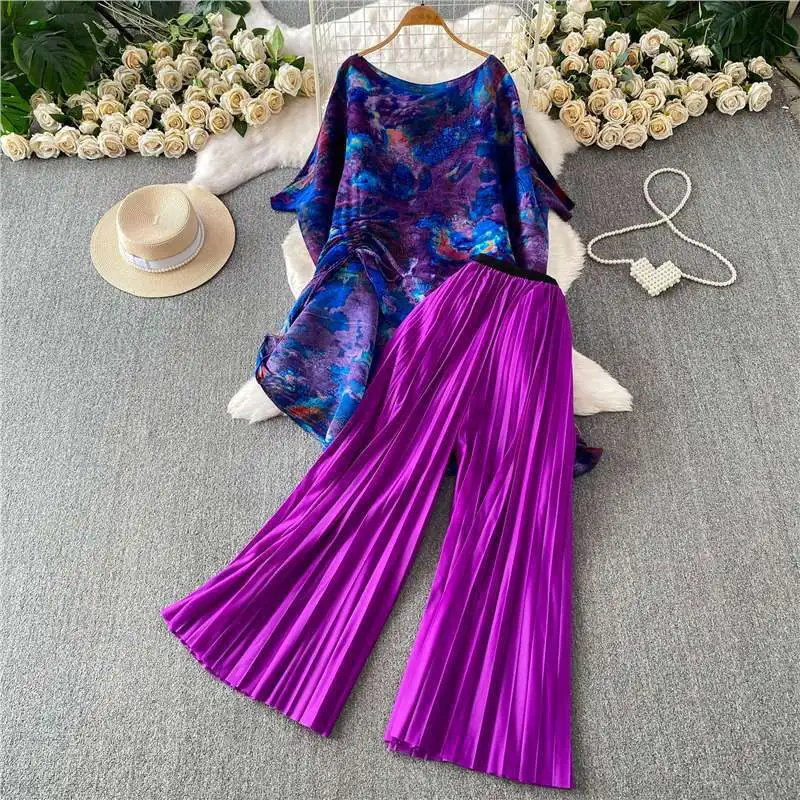 Miyake Light Luxury Oil Painting Printing Design Split Drawstring One-word Collar Bat Sleeve Long Top Two-piece Set view 5