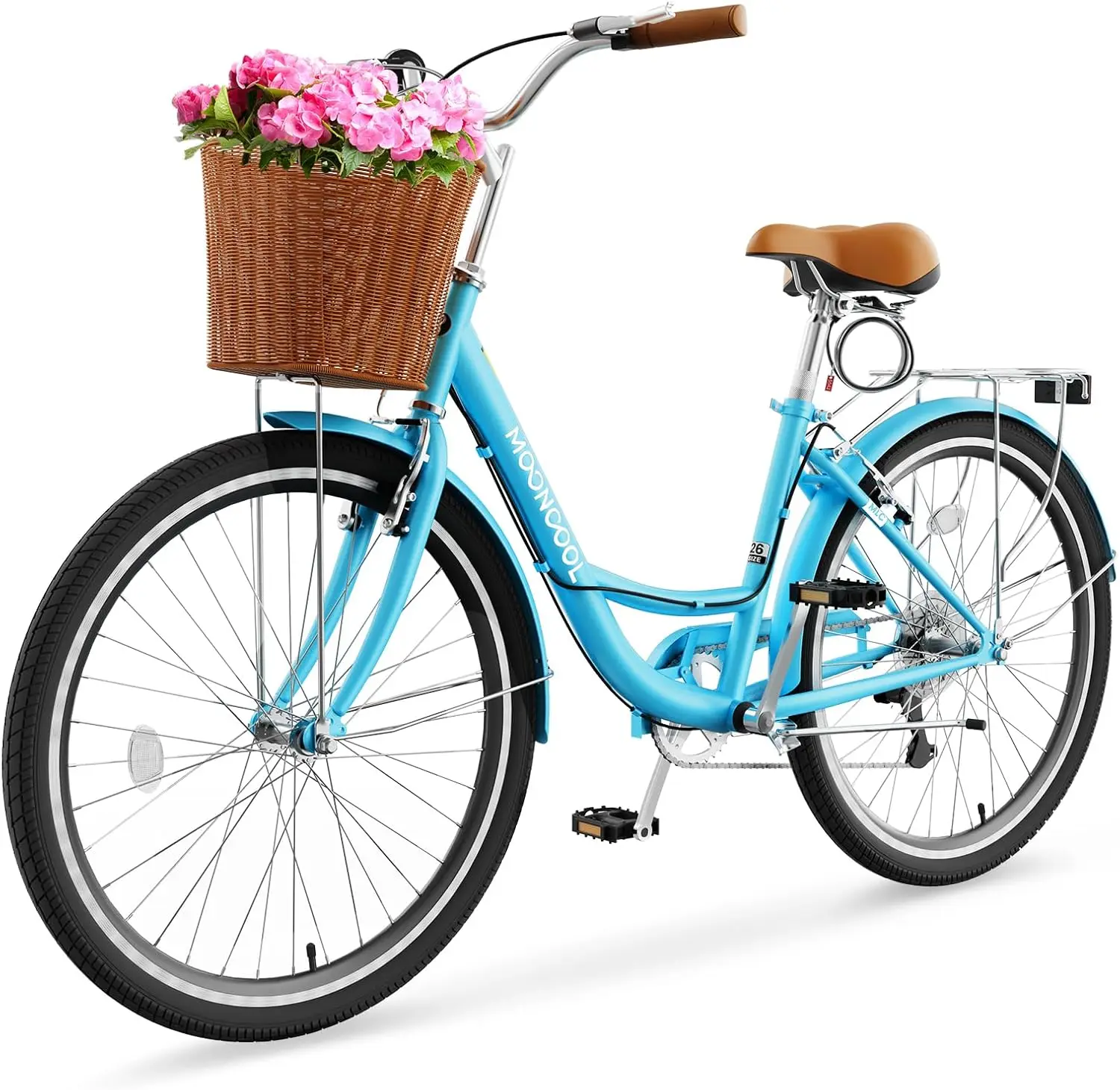 Womens Bike, 7 Speed Bike for Adults Women 24 26 inch with Ratten Basket & Rack, Beach Cruiser Bike for Women, Womens Bicycle fo