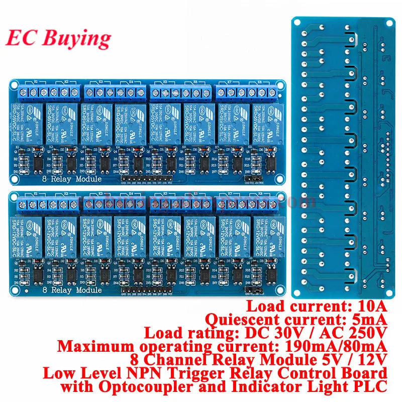 

8 Channel Relay Module 5V / 12V Low Level NPN Trigger Relay Control Board with Optocoupler and Indicator Light PLC 8 Way for Ard