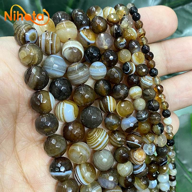 Natural Faceted Coffee Striated Agates Onyx Beads Smooth Round Loose Beads DIY Accessories Bracelet Earrings 15\'\' 4/6/8/10/12mm