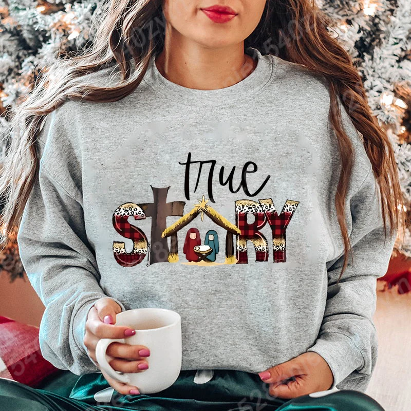 Women Popular Creative Tops True Story Christmas Print Round Neck Pullovers Ladies Hot Selling Long Sleeve Hoodeless Sweatshirts