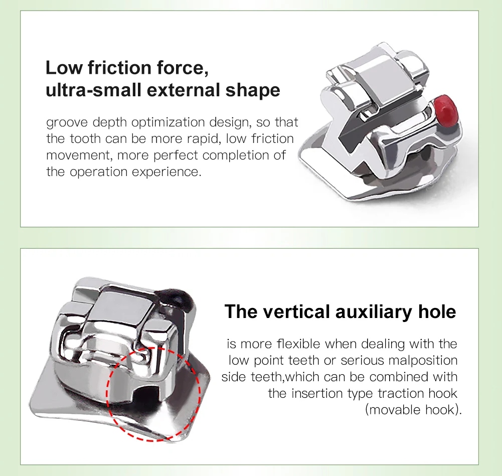 AZDENT Zahnspangen, kieferorthopädische Brackets, selbstligierend, mit bukkaler Röhre, markierter Basis, Roth MBT 0,022, bewegliche Haken 345, inklusive Werkzeug. – Detail 4