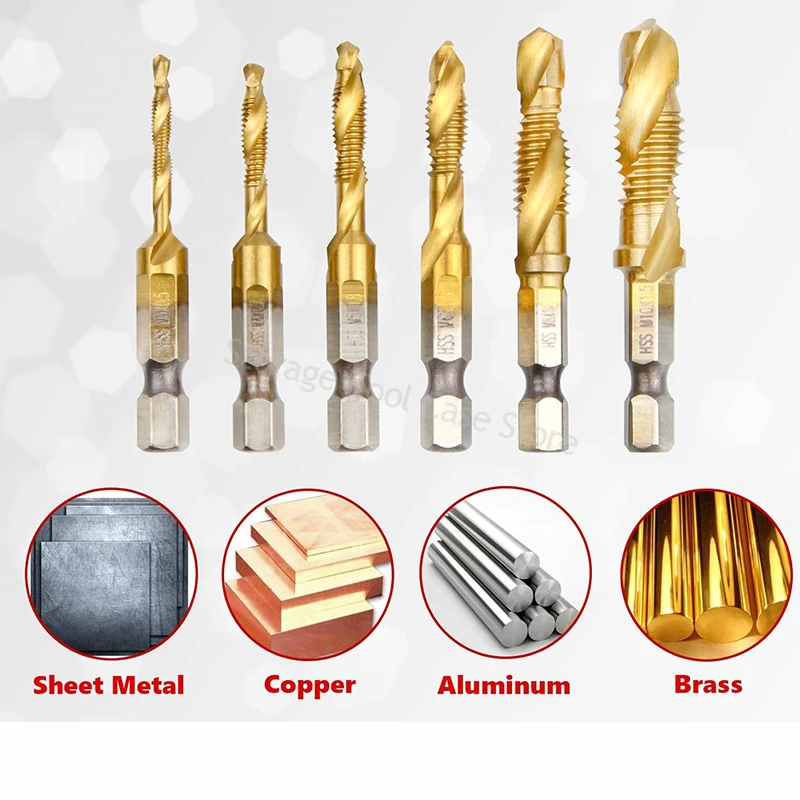 

6pcs M3-M10 HSS Screw Tap Drill Bits Screw Machine Titanium Plated Composite Tap Hexagonal Drill and Tap Integrated Tap Machine