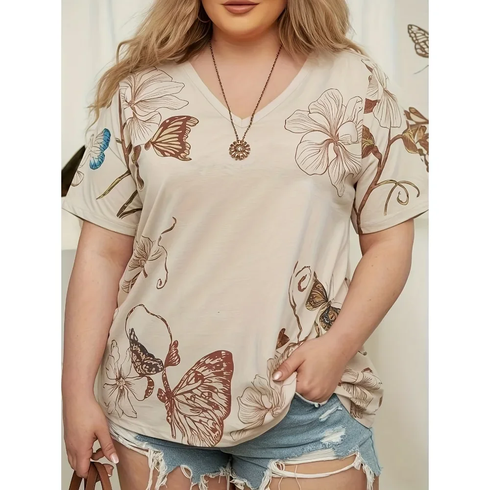 

Plus Size 1XL-5XL New Women's Loose Casual Short Sleeved Printed V-neck T-shirt