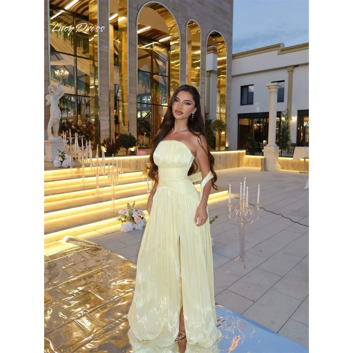 Lucy Yellow Wedding Guest Dress A-Line Strapless Pleat Floor Length Formal Ceremony Reception Outfit Custom Fit Long Customized