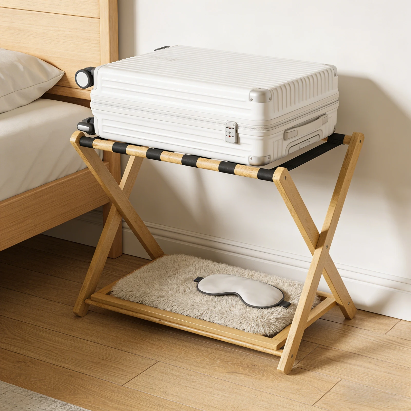 Luggage Rack Foldable Thickened Bamboo Suitcase Stand with Storage Shelf for Hotel Bedroom Guest Room Luggage Stand Luggage Rack