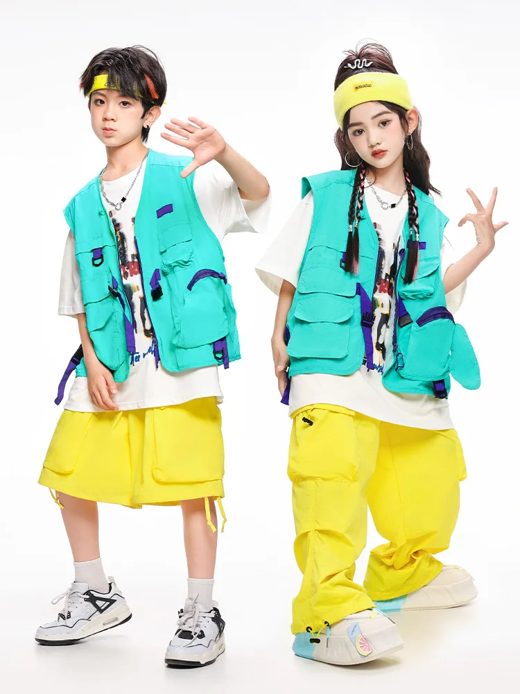 Kid Hip Hop Clothing Blue Sleeveless Jacket Vest Yellow Casual Wide Cargo Pants Shorts for Girl Boy Jazz Dance Costume Clothes