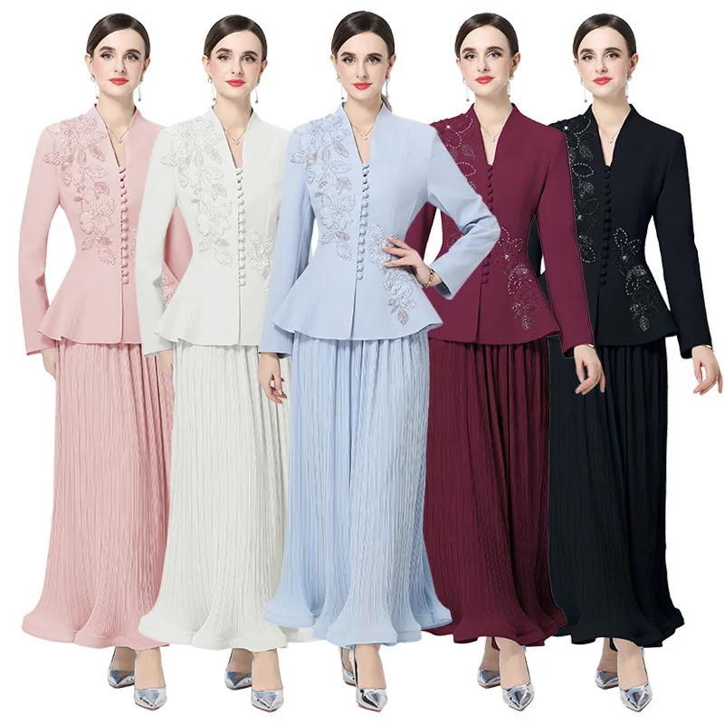 2026 Frühling Herbst Neues Elegantes Blumen-Strass Tailliertes Blazer-Set für Damen mit Plissiertem Midi-Rock Zweiteiliges Ensemble