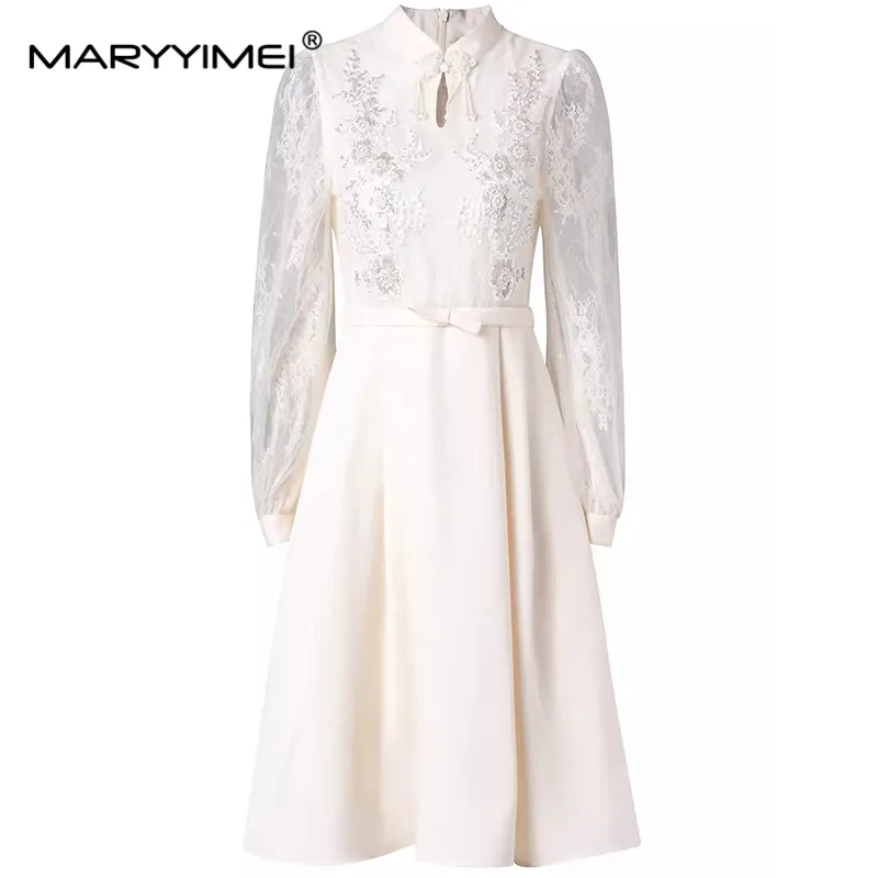 

MARYYIMEI New Fashion Women's Chinese Style Dress Waist In Slim-Fit Heavy Industry Embroidery Patchwork A-Line Dress