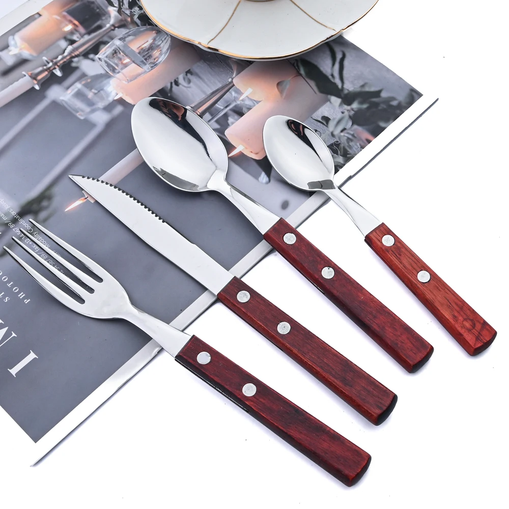 AJOYOUS 16/24Pcs Cutlery Set Wood Handle Flatware Knife Fork Spoon Tableware Stainless Steel Dinnerware Party Kitchen Silverware