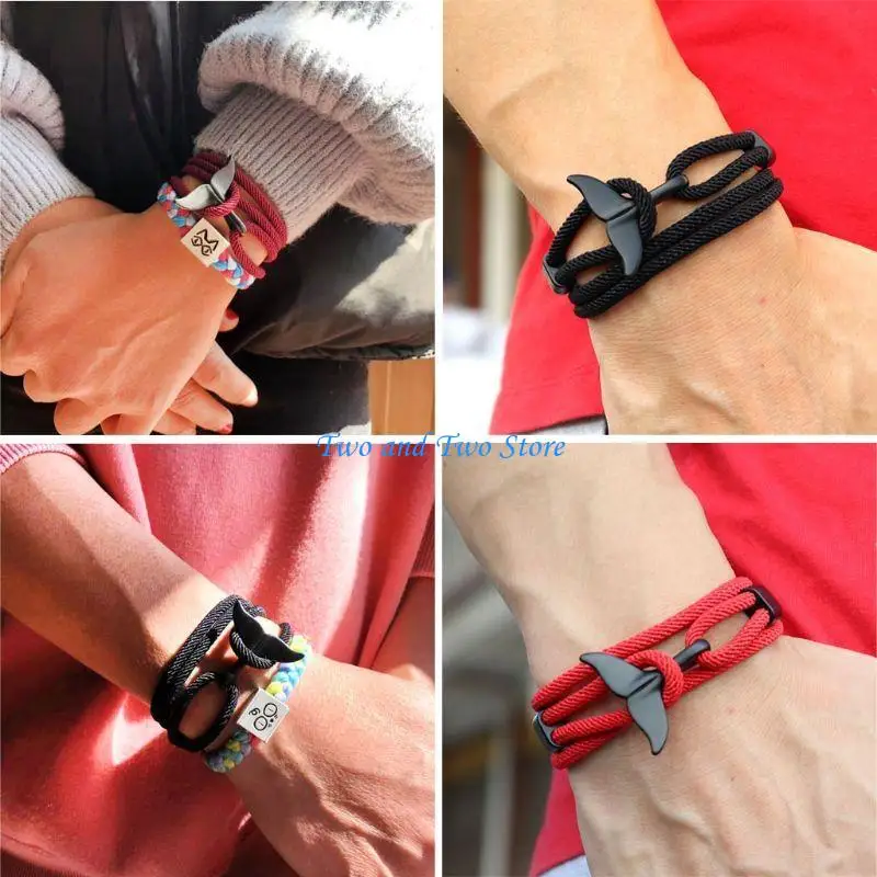 HX6F Bracelets Summer Handmade Whale Tail Viking Rope String Jewelry for Women Men