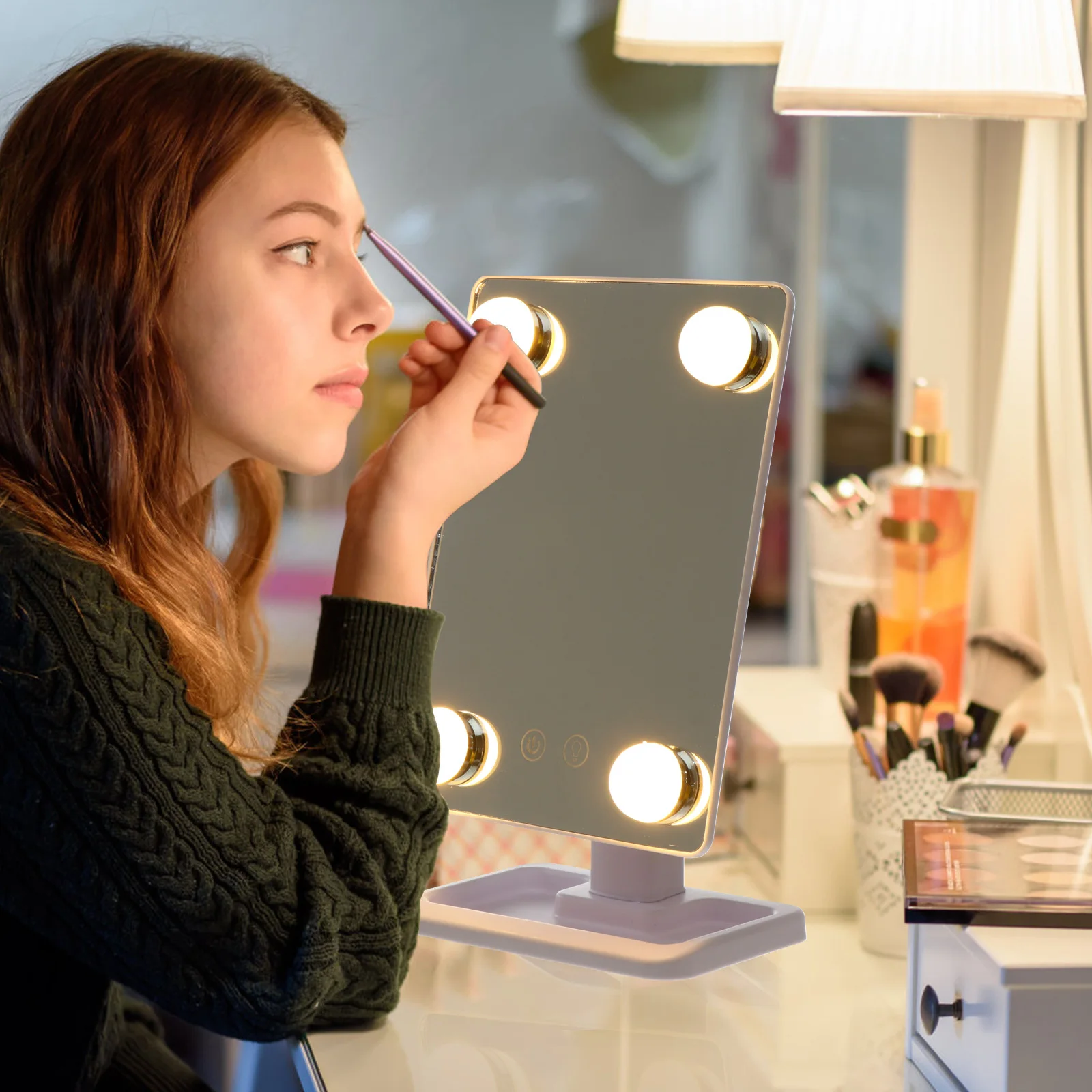 

Led Makeup Mirror 3 Gear Adjustable Swivel Vanity Mirror For Women Tabletop Bathroom Dressing Table Decor