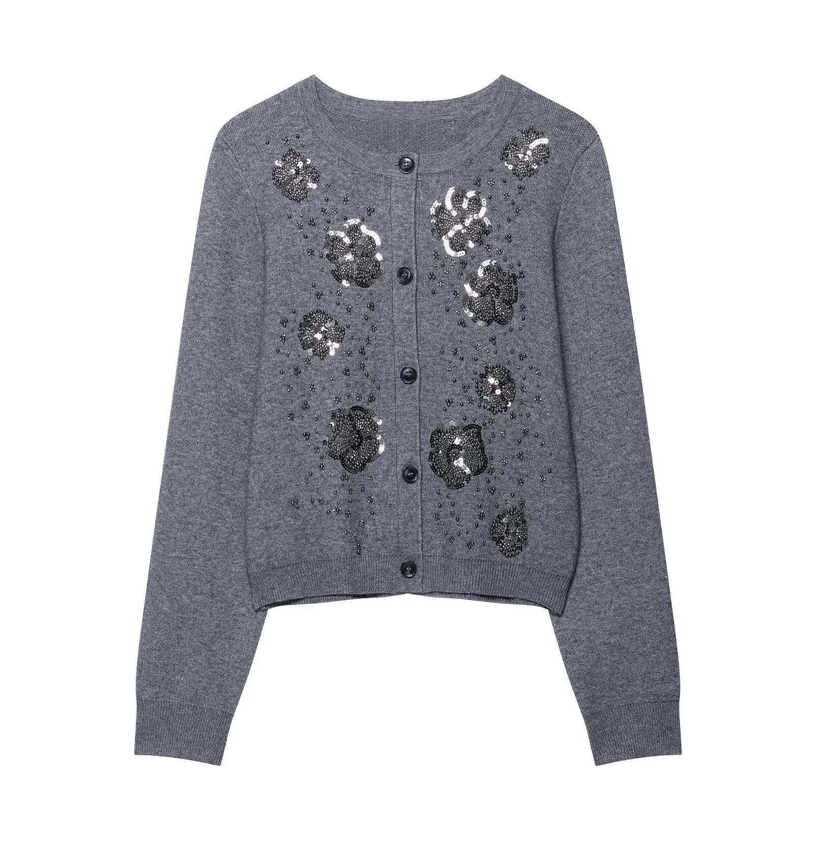 

Осень 2023, новый женский повседневный простой высококачественный ретро свободный вязаный кардиган с круглым вырезом и длинными рукавами, украшенный бисером и цветком