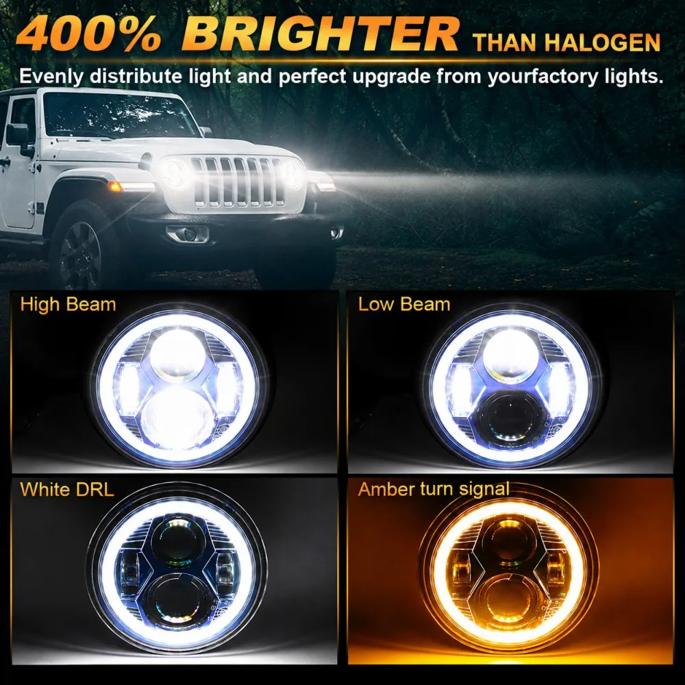BraveWAY Pair 7inch Spider Sealed Round Headlight With Halo For Jeep