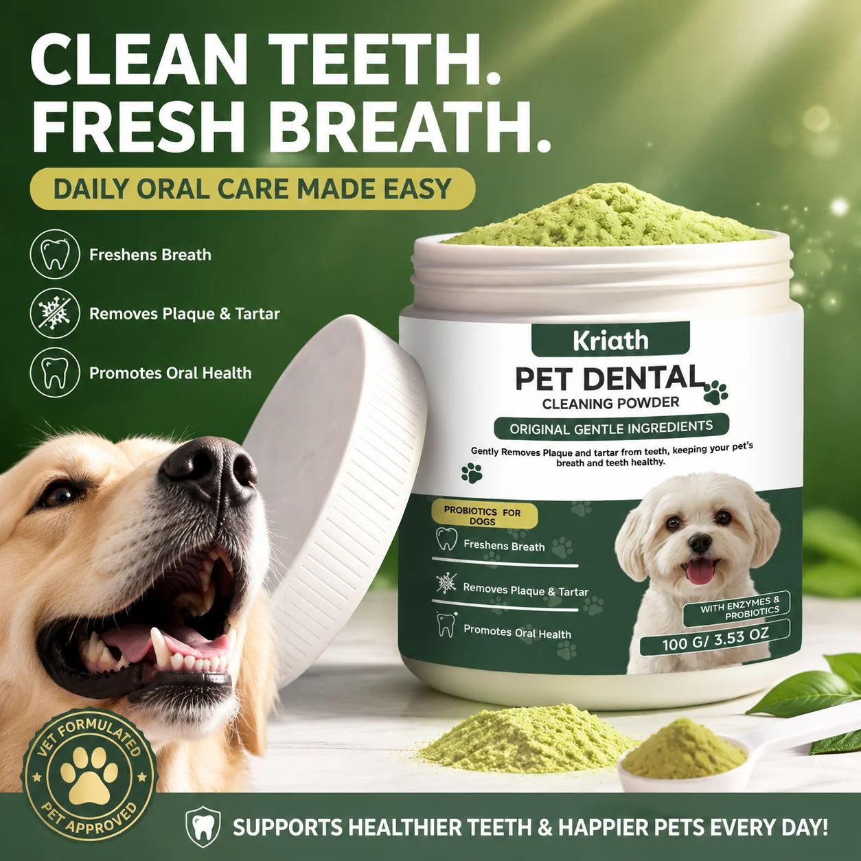 Natural Pet Dental Powder Cat Dog Breath Freshener Oral Health Care Clean Teeth Plaque Defense Enzyme Formula Pet Supplies