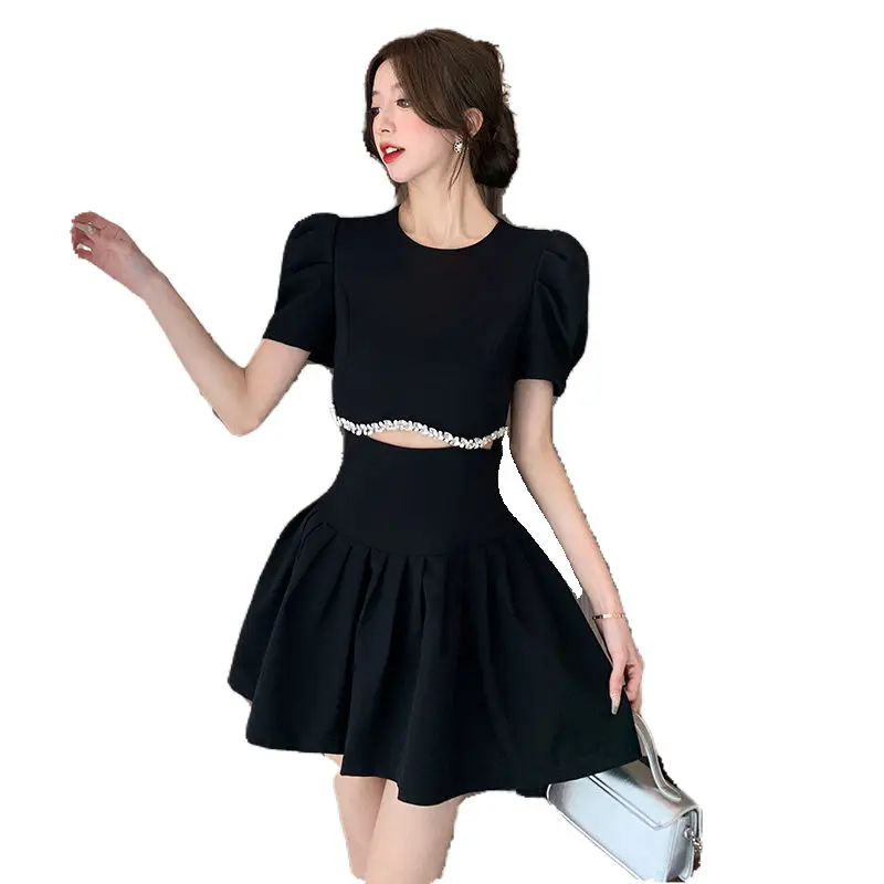 Korejpaa Elegant Women Dress 2024 Summer French Style Mini Dresses Outwear Puff Short Sleeve Slim Waist Hollow Pleated Vestidos