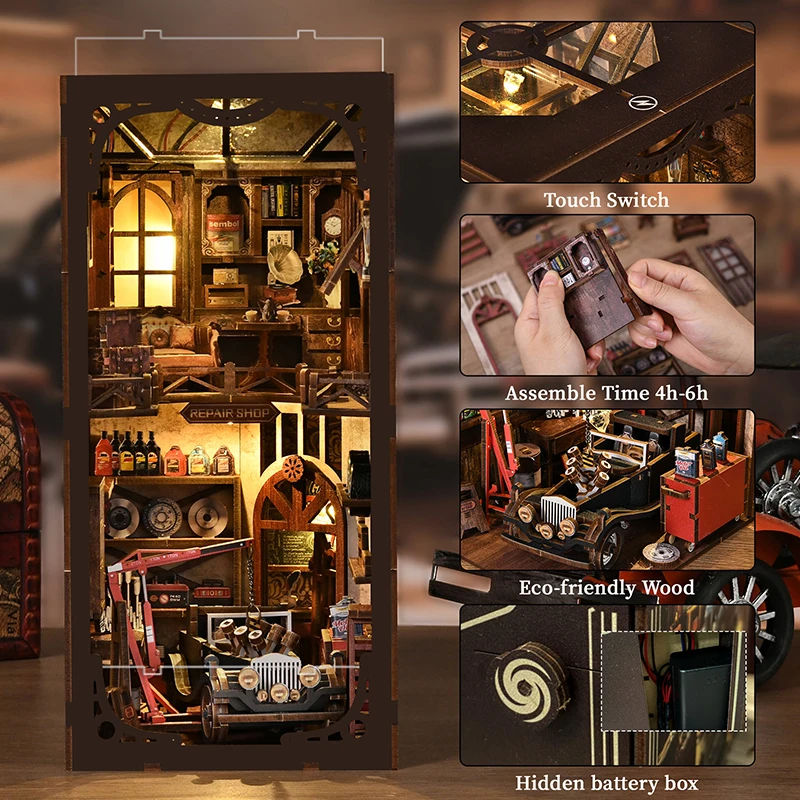 Skill Auto Repair Shop Book Nook DIY House 3D Puzzle Model Kit Wooden Handmade Miniature Building Creative Gift Home Decor