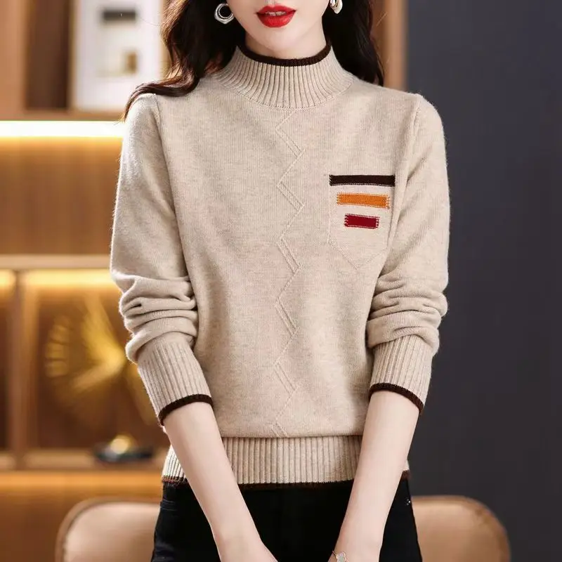 

Autumn Winter Women Sweaters Pullovers Mock Neck Patchwork Contrast Color Fashion Casual Long Sleeve Bottoming Shirt Knit Tops