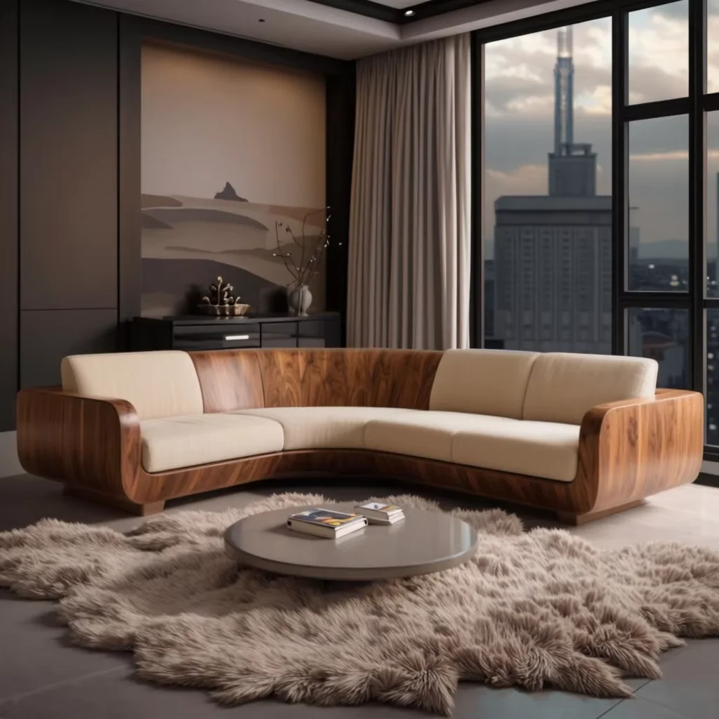 ！@Walnut-Colored Wabi-Sabi Modern Style Luxury Velvet Fabric Wooden Home Living Apartment Three-Seat Sectional Sofa Bed Set Spon