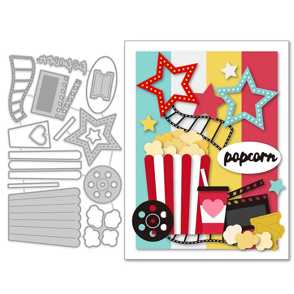 1Sheet Metal Movie Viewing Cut Dies Popcorn and Film Roll Embossing Template Cola and Die Cuts for Card Scrapbooking for Card