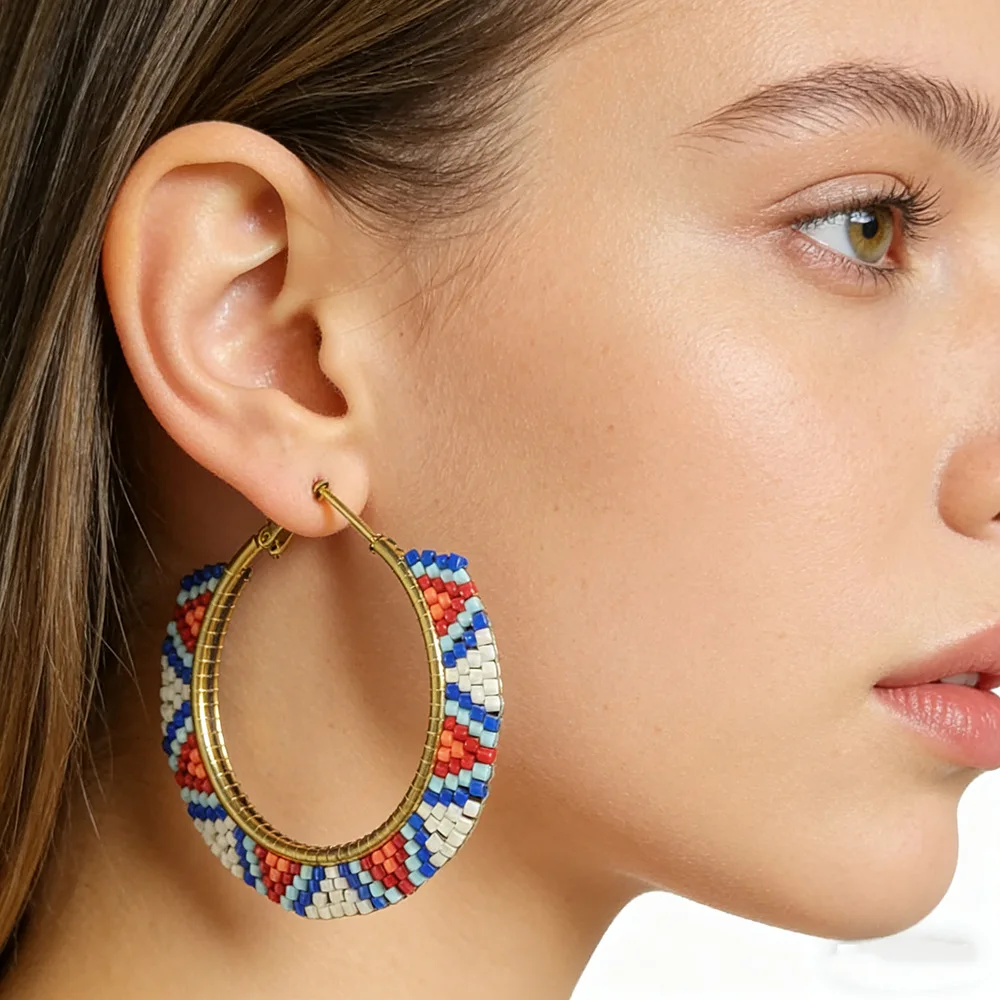 ZGMXR  Rice bead earrings Circle Geometry Pattern Bohemia Alloy Woman Fashion Simple Versatile Colorful Beaded earrings