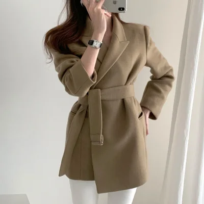 Woolen Short Suit Jacket for Women, 2021 Autumn/winter New Belted Slim Mid-length Fashion French Style Coat High Quality Fashion