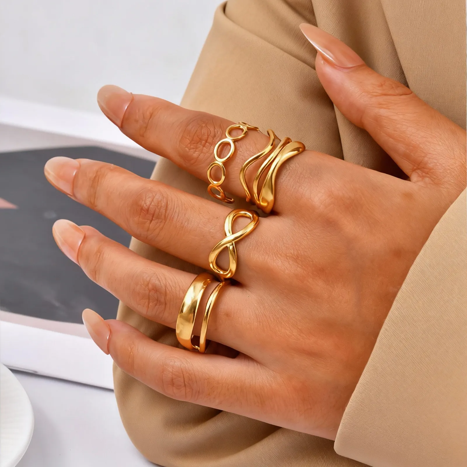 

Non-Tarnish 18K Gold Color Stainless Steel Open Adjustable Ring for Women, Stackable Minimalist Finger Ring Aesthetic Jewlery
