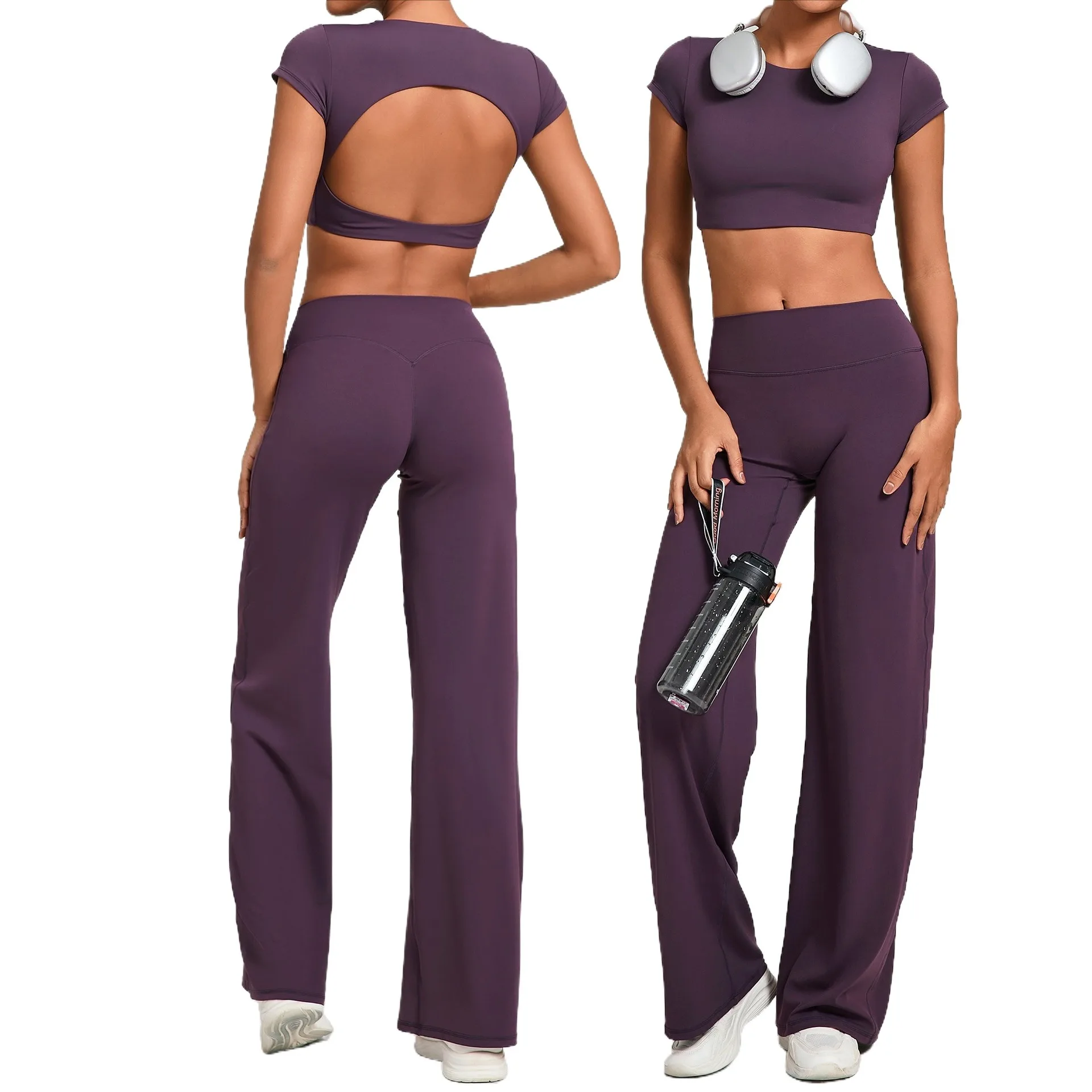 

Женский комплект для йоги из 2 предметов, облегающие быстросохнущие широкие брюки с открытой спиной и короткими рукавами, спортивный комплект, одежда для фитнеса, бега, спортзала