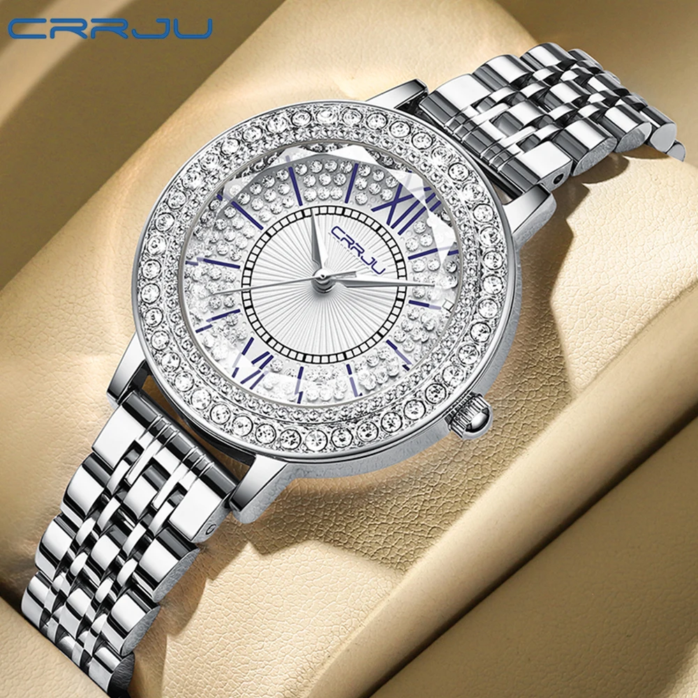 

CRRJU Simple Slim Stainless Steel Quartz Wristwatches for Women Luxurious Sparkling Rhinestone Dial Dress Watches Ladies