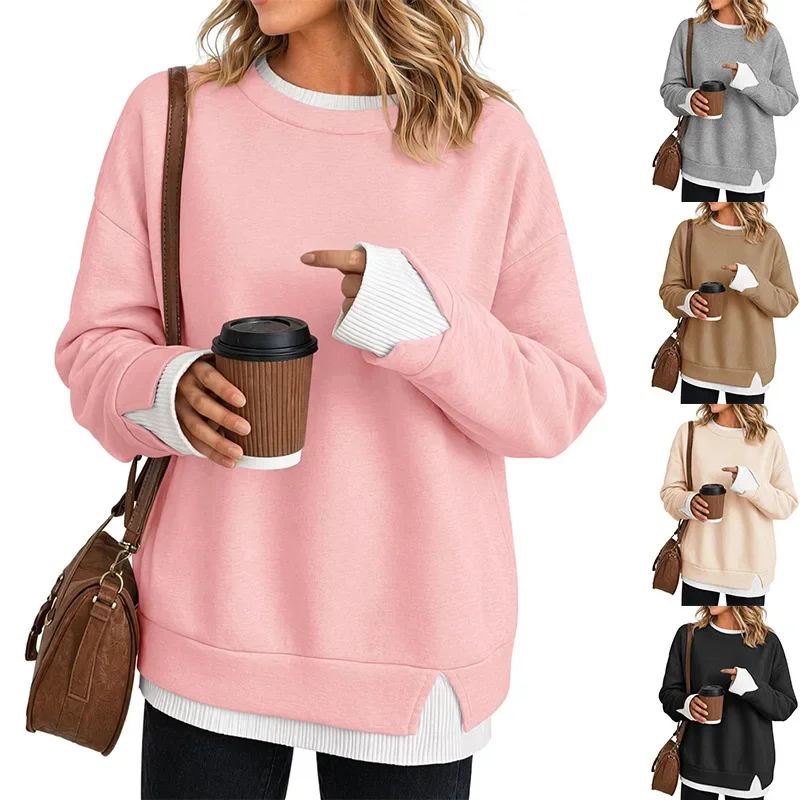 Oversized Sweatshirt Women 2 in 1 Mock Layer Crew Neck Long Sleeve Side Slit Pullover Contrast Trim Grey 2026