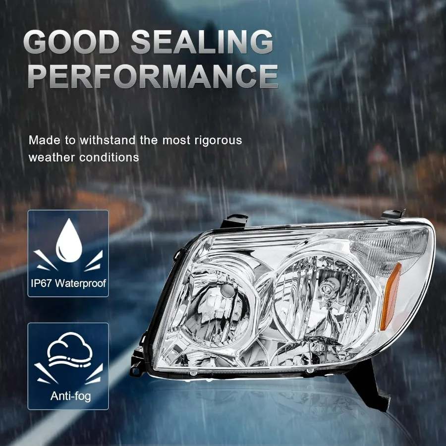 ชุดไฟหน้าคู่สำหรับรถยนต์โตโยต้า ฟอร์จูนเนอร์ ปี 2003-2005 พร้อมเลนส์ใส/กรอบโครเมียม/แผ่นสะท้อนแสงสีเหลืองอำพัน ไฟหน้าด้านหน้า