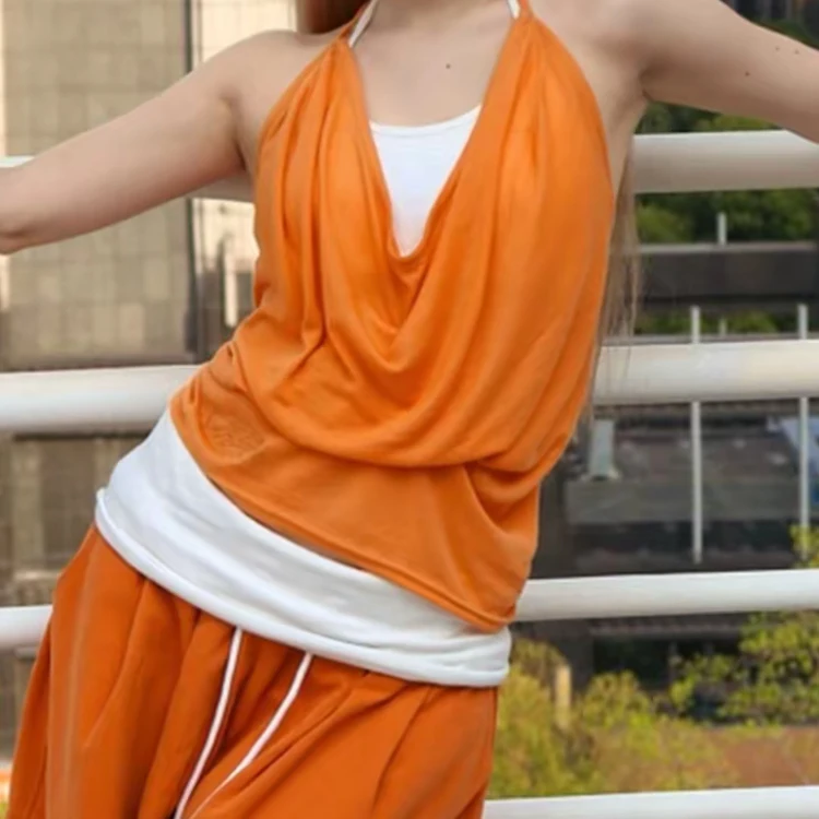 American Pure Desire Orange Backless Slimming Crop Top Women's Holiday Style Hanging Neck Strap Vest Sexy Jazz a Top