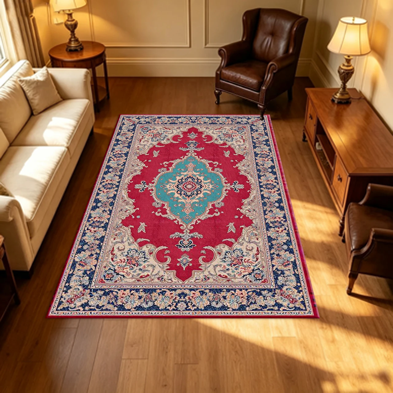 Red Turquoise Vintage Oriental Medallion Carpet Flooring Ornate Floral Border Household Living Room Indoor Area Rug